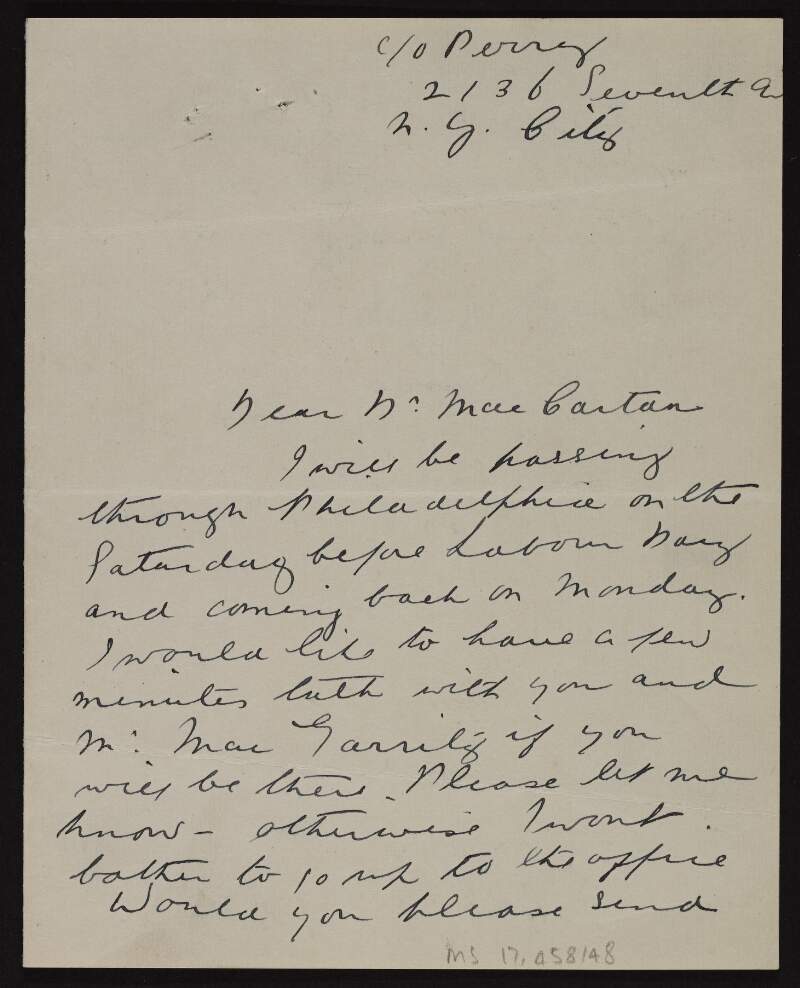 Letter from Sidney Gifford Czira to Patrick McCartan informing him that she will be in Philadelphia and would like to see him and Joseph McGarrity,