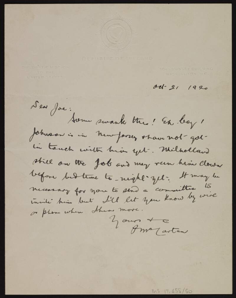 Letter from Patrick McCartan to Joseph McGarrity advising him that he may have to send a committee to invite John E. Milholland,