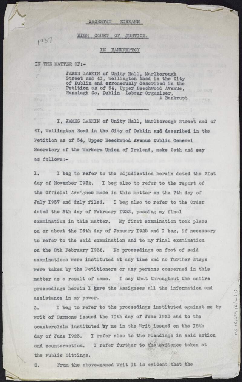 Statement of James Larkin in the matter of his bankruptcy, presented before the High Court of Justice,