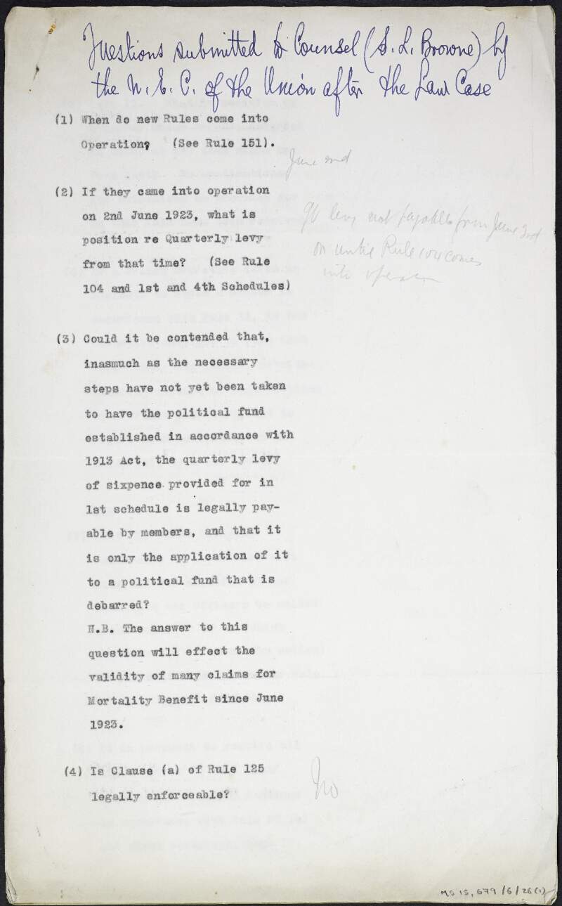 Questions submitted by the Executive Council, Irish Transport and General Workers' Union, to S.L. Browne, with manuscript responses inscribed,
