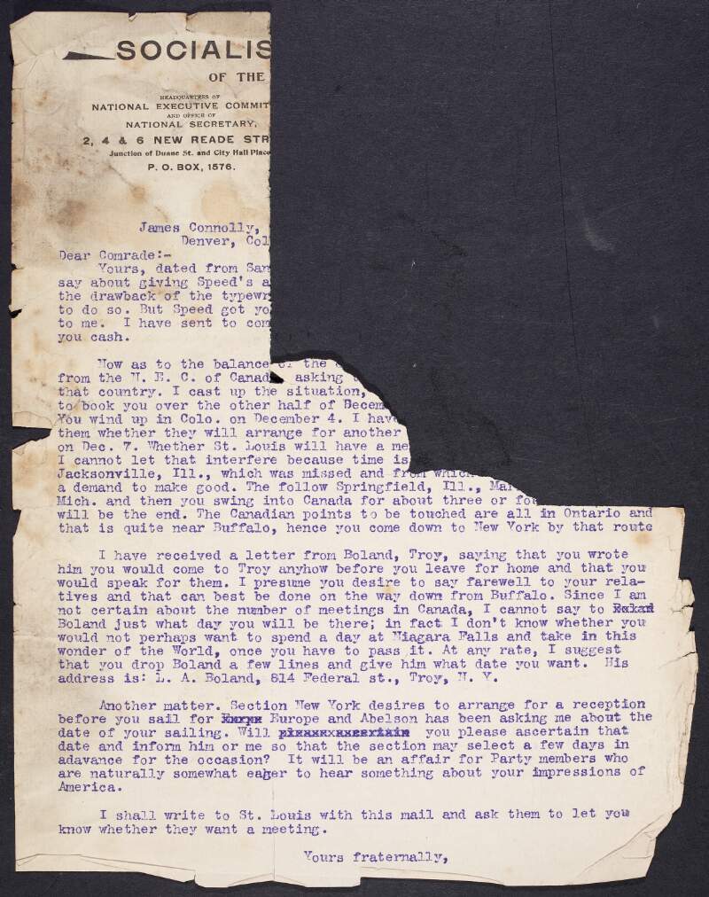 Partial letter from Henry Kuhn, National Secretary of the Socialist Labor Party of America, to James Connolly, regarding Connolly's salary and travel arrangments for his lecture tour in the United States and Canada, and plans for a farewell reception in New York,