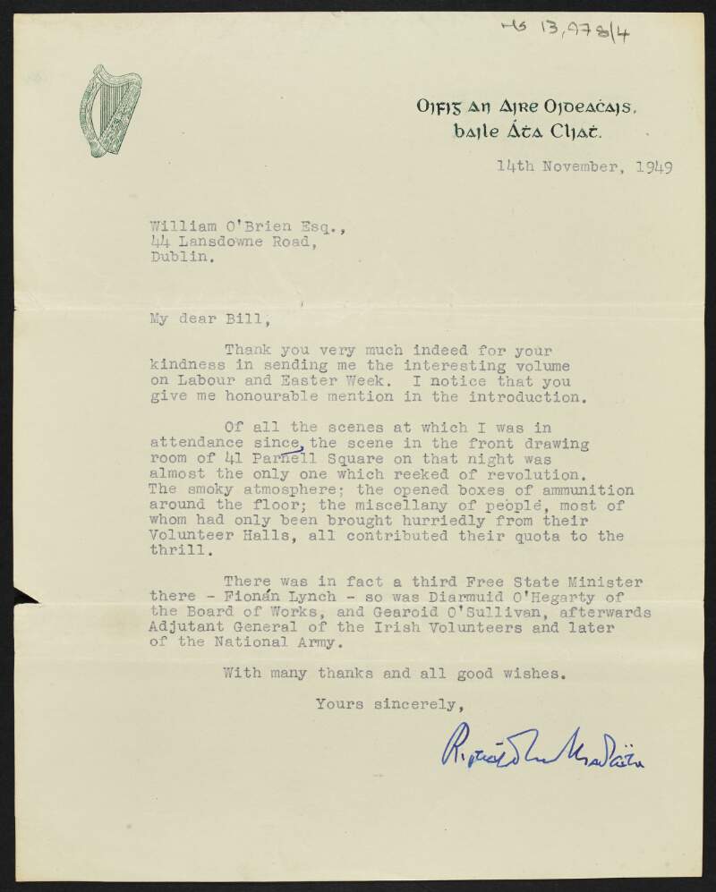 Letter to William O'Brien from Richard Mulcahy thanking him for a copy of 'Labour and Easter Week' and remembering a night in 44 Parnell Square,