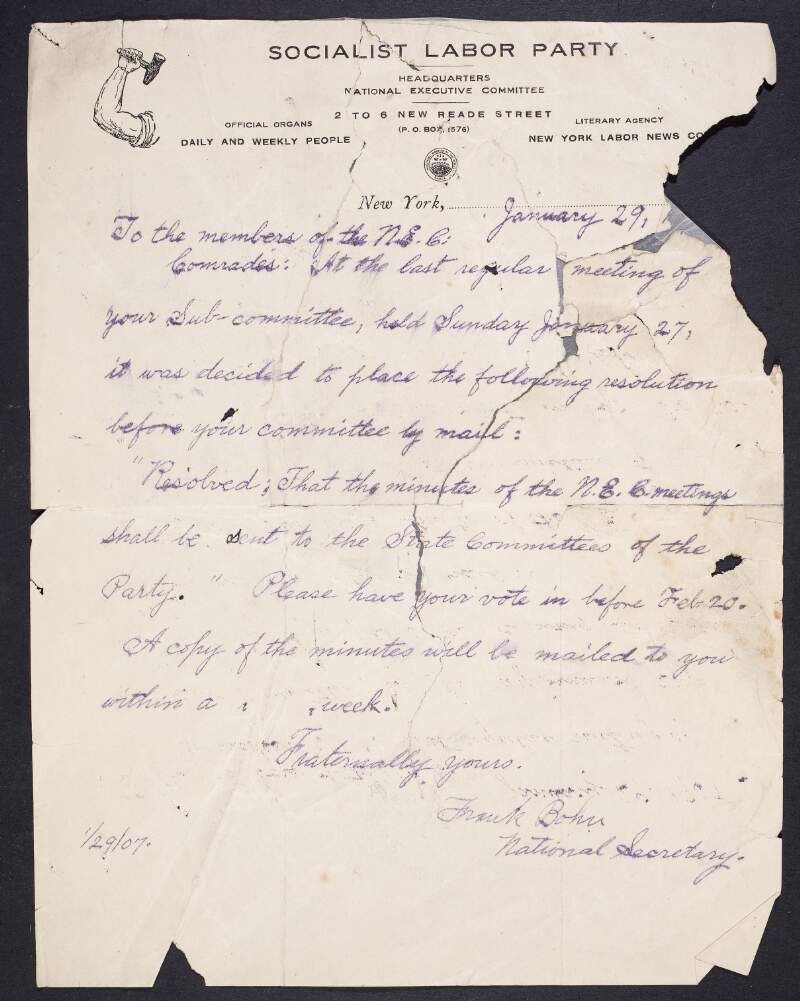 Letter from William Teichlauf, Secretary of an Investigation Committee of the Socialist Labor Party, to James Connolly, requesting specific statements about his complaint,