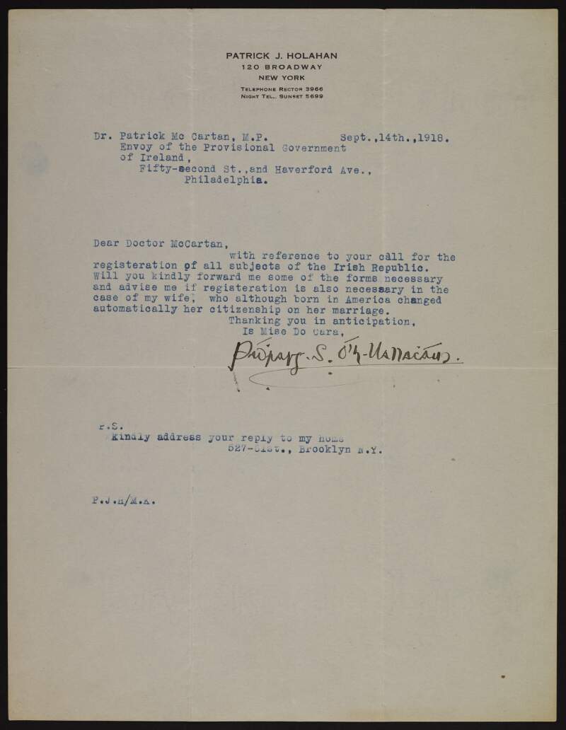 Typescript letter from Patrick J. Holahan to Patrick McCartan requesting forms for the registration of Irish Citizens,