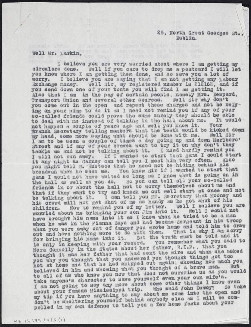Copy-letter from [Jack Dempsey] to James Larkin asserting his accusations against Larkin and assuring that he is not afraid of any threats made against him,