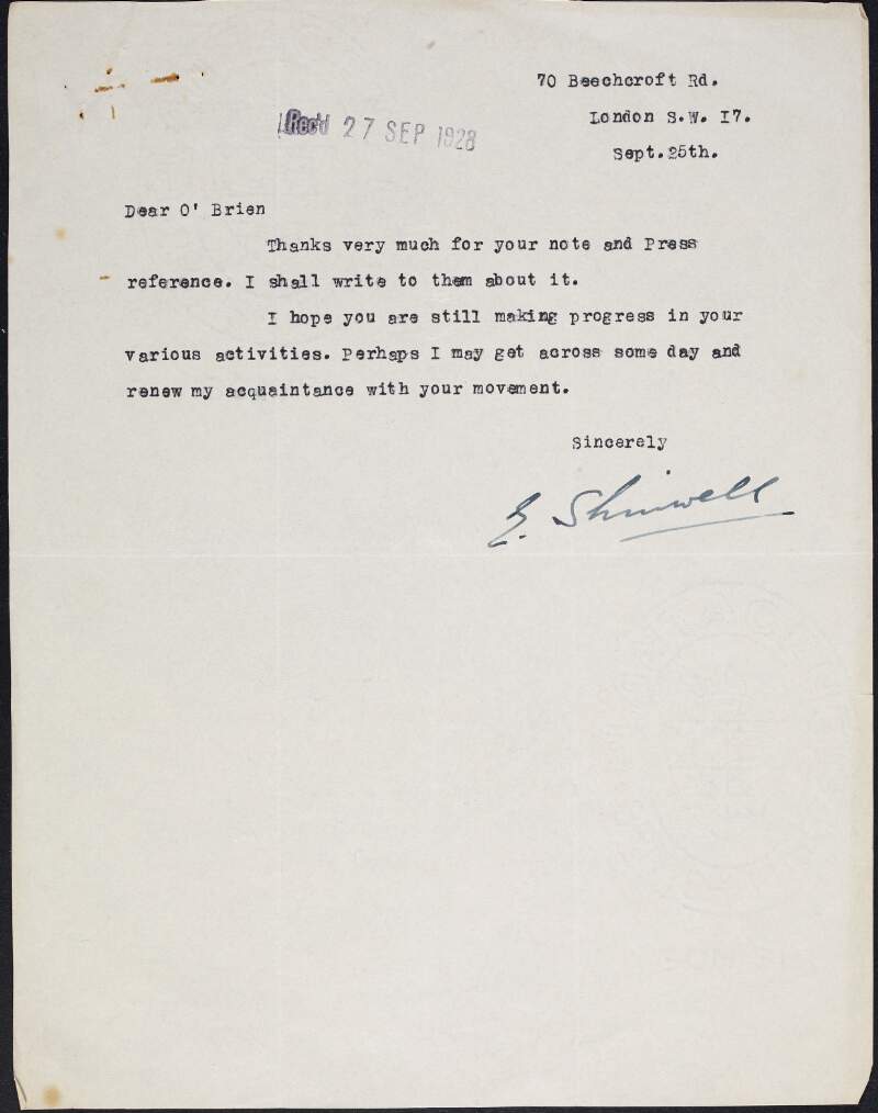 Copy reply letter from Emanuel Shinwell to William O'Brien thanking him for the article from the Irish Independent and informing him he will write to them regarding this,