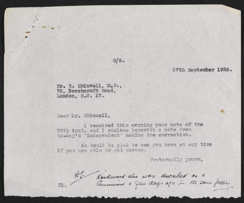 Copy letter from William O'Brien to Emanuel Shinwell informing him he has enclosed a note from the Irish Independent in which they included a correction regarding Shinwell and also mentioning "Kirkwood" was also described as a communist in the Irish Independent,