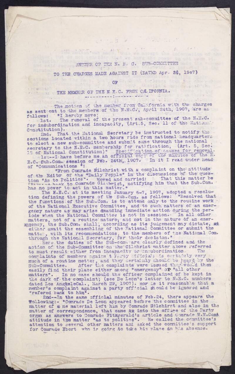 Copy of response by the Sub-Committee of the National Executive Committee of the Socialist Labor Party, defending themselves against charges in a letter from Olive M. Johnson, member of the National Executive Committee of the Socialist Party, motioning for the removal of the Sub-Committee,