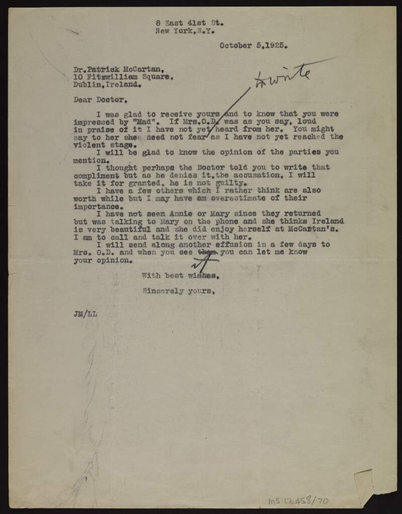 Typescript letter from [Joseph McGarrity] to [Patrick McCartan] regarding his poem "Mad",