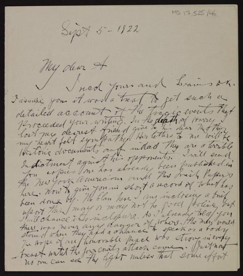 Incomplete letter from Joseph McGarrity to "My dear A" regarding the death of Harry Boland whom McGarrity describes as "my dearest friend",