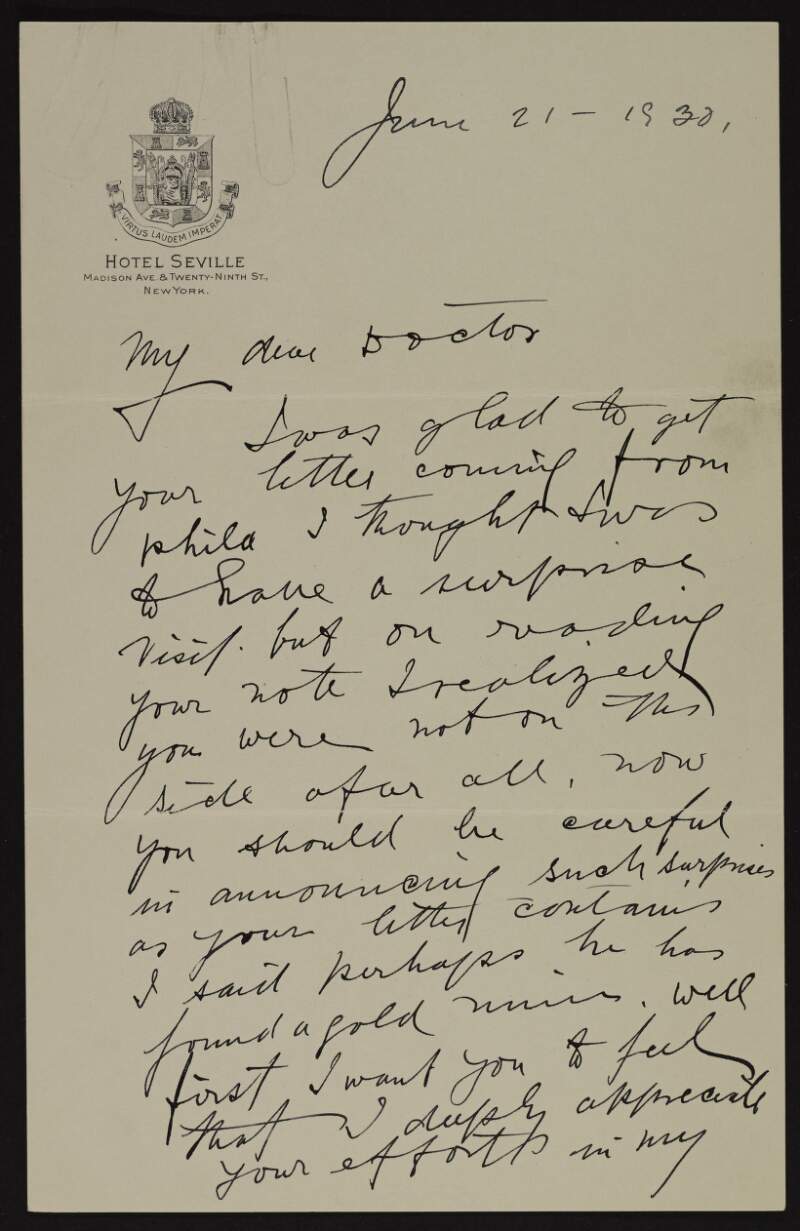 Letter from [Joseph McGarrity] to [Patrick McCartan] thanking him for all he has done on his behalf,