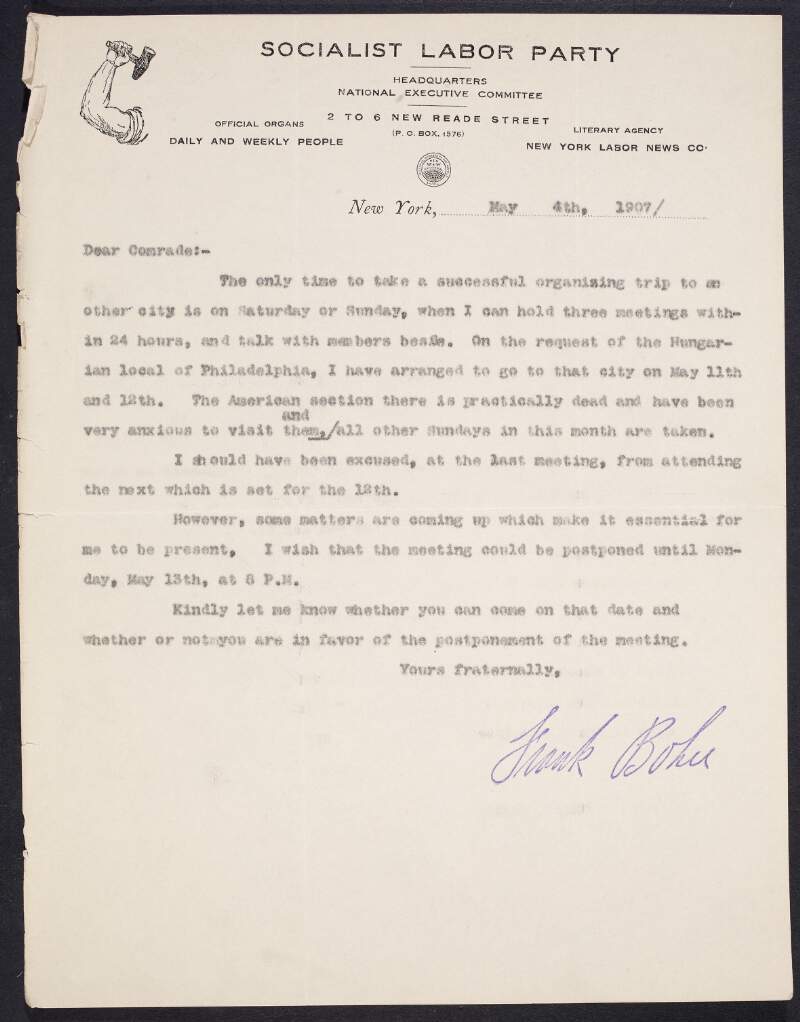 Letter from Frank Bohn, National Secretary of the Socialist Labor Party, to the members of the National Executive Committee asking for instruction in relation to the ballot on a resolution submitted by Olive M. Johnson,