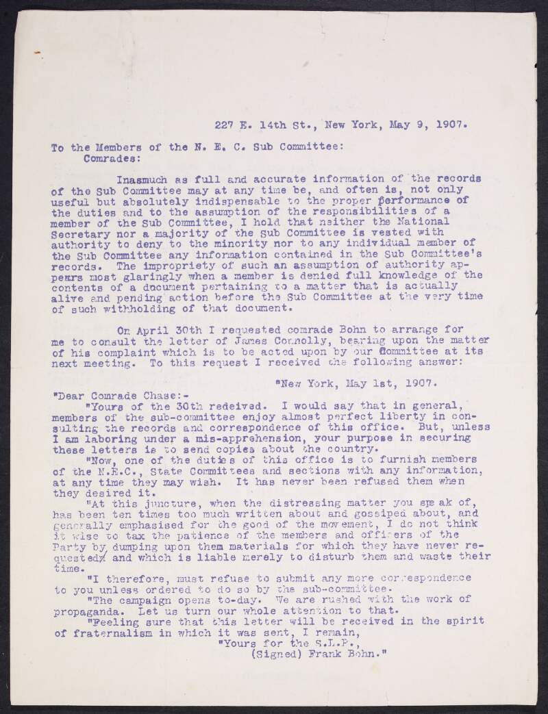 Copy of letter from Charles H. Chase, to the members of the National Executive Committee of the Socialist Labor Party complaining that Frank Bohn refused him access to Sub-Committee records, namely James Connolly's correspondence,