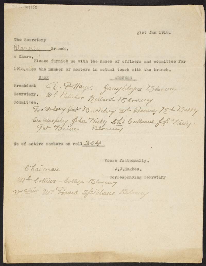 Notice from J.J. Hughes, corresponding secretary of the I.T.G.W.U., to the Blarney branch asking them to furnish him with the names of the officers and committee for 1918 as well as the total number of members in touch with the branch,