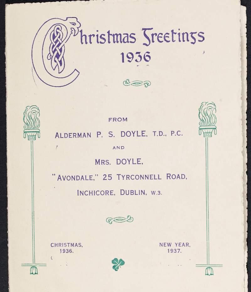 Christmas card from Peadar Seán Doyle and Mrs Doyle to [William O'Brien] for the 1936 Christmas and 1937 New Year,