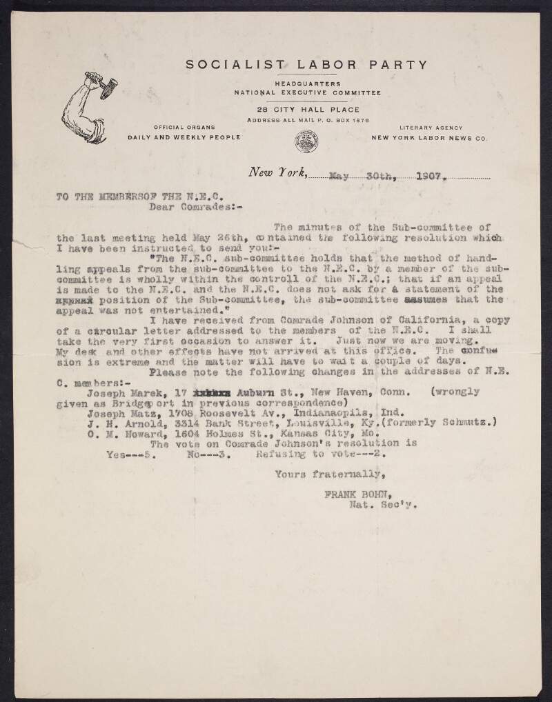 Circular letter from Frank Bohn, National Secretary of the Socialist Labor Party, to the members of the National Executive Committee, summarising the minutes of a recent meeting of the Sub-Committee regarding Olive M. Johnson's resolution,