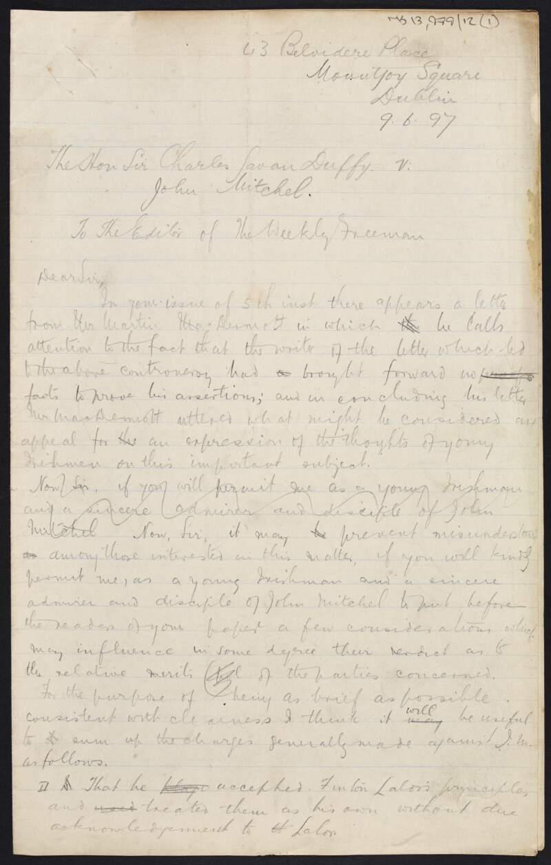 Letter from Thomas J. O'Brien to the editor of the 'Weekly Freeman' regarding a "controversy" concerning Sir Charles Gavan Duffy and John Mitchel,