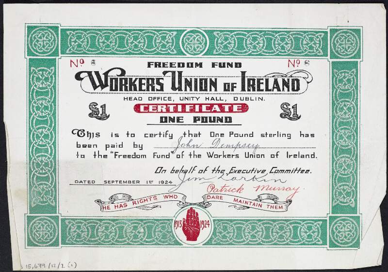 Certificate and receipt issued to John [Jack] Dempsey for his donation of £1 to the Workers' Union of Ireland "Freedom Fund",