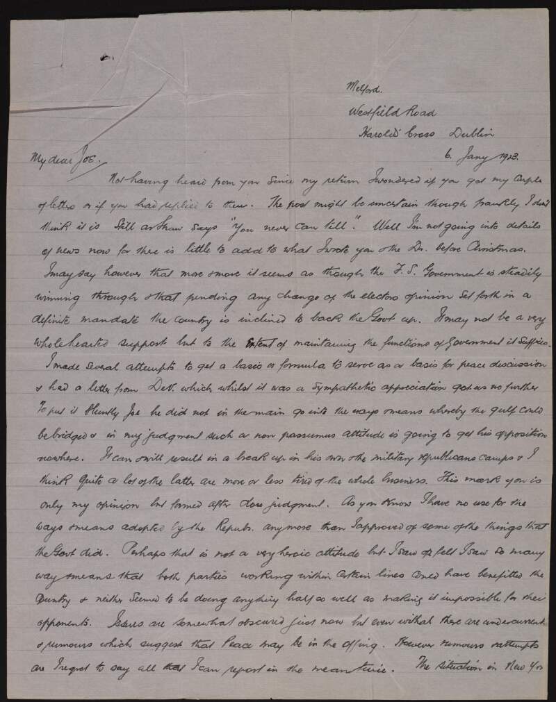 Letter from Joseph Connolly to Joseph McGarrity expressing his opinion on the Free State government,