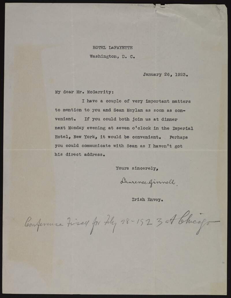 Letter from Laurence Ginnell to Joseph McGarrity asking McGarrity to join him and Sean Moylan for dinner to discuss "important matters",