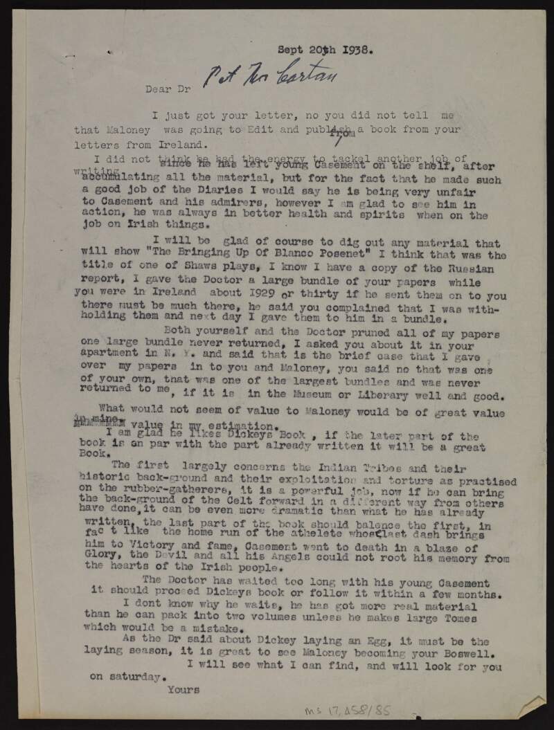 Typescript letter from [Joseph McGarrity] to Patrick McCartan regarding William Maloney's and Herbert Spencer Dickey's respective works on Roger Casement,