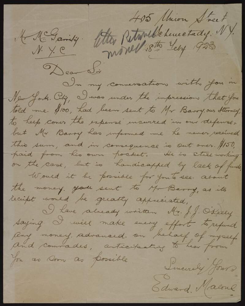 Letter from Edward Malone to Joseph McGarrity regarding expenses incurred by their attorney "Mr. Barry",
