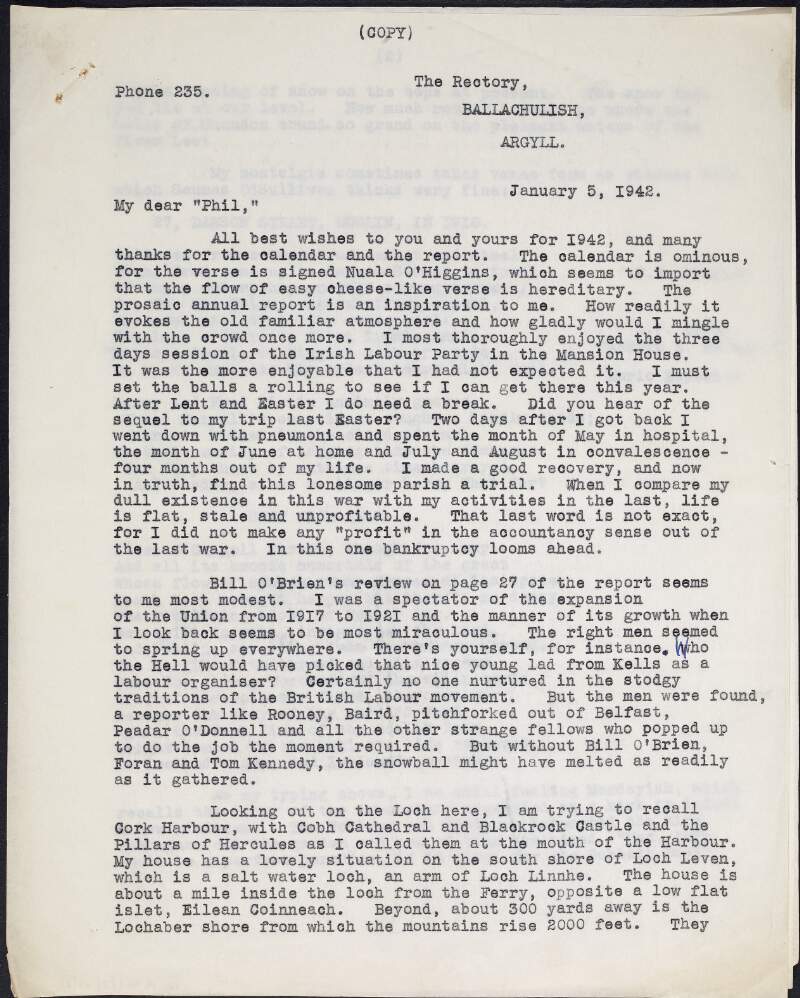 Copy letter from Malcolm MacColl to "Phil" discussing the Irish Labour Party Session at the Mansion House, complimenting the work of William O'Brien, Thomas Foran and Tom Kennedy, and providing nostalgic witness accounts from 1918 in verse,