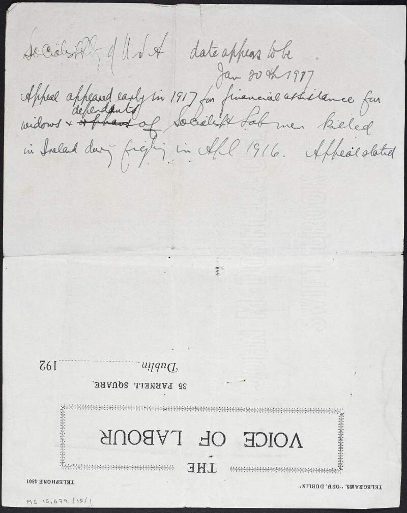 Copy-letter from [William O'Brien] to the treasurers of the "Gordon Testimonial" acknowledging receipt of their letter, with inscriptions by O'Brien concerning the American Socialist Party's appeal for the dependants of socialists killed during the Easter Rising,