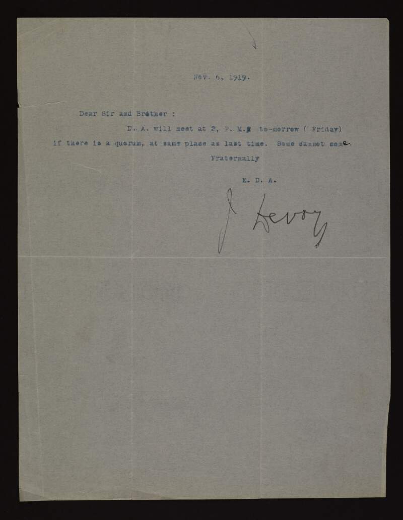 Letter from John Devoy to unidentified recipient informing them that the "D. A. will meet at 2pm tomorrow",