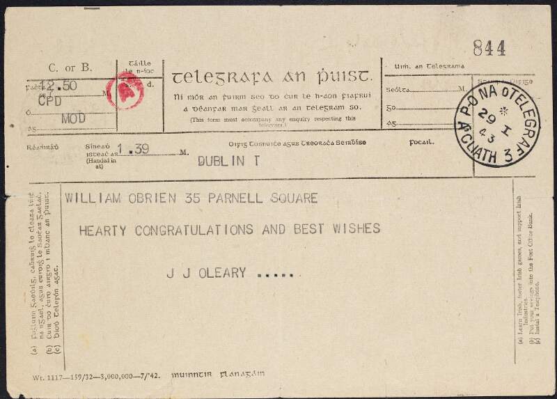 Telegraph from J. J. O'Leary to William O'Brien offering his "hearty congratulations and best wishes",