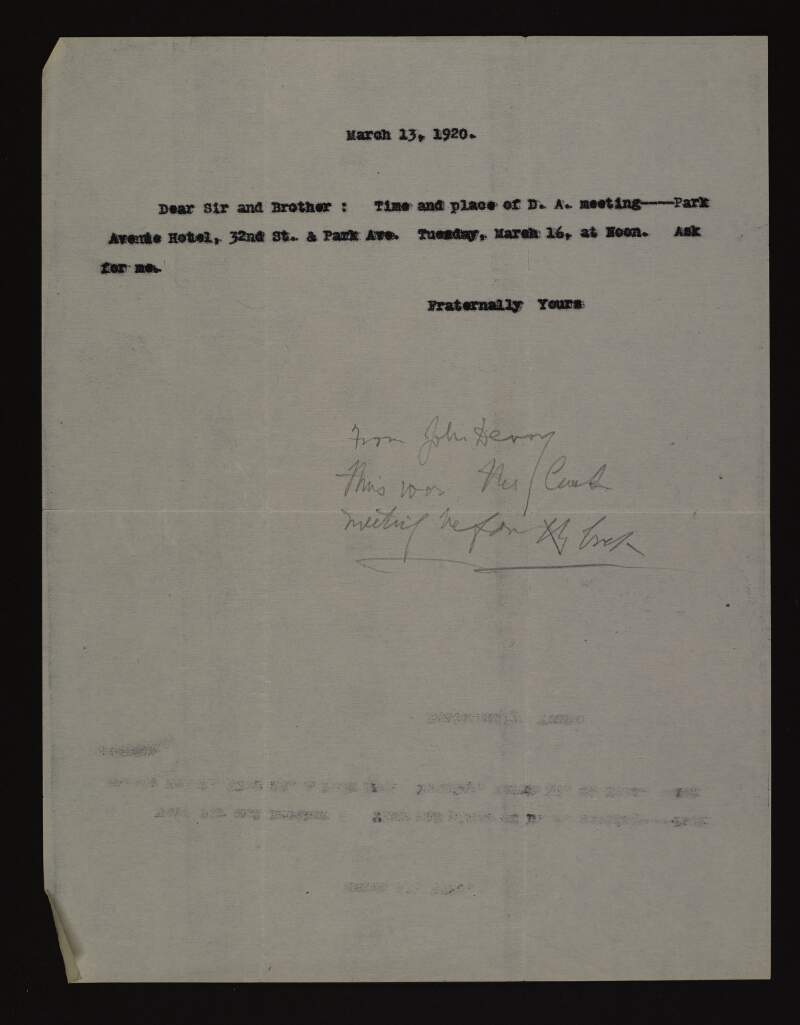 Letter from John Devoy to Joseph McGarrity informing him that the D. A. meeting will take place at the Park Avenue Hotel, 32nd St. & Park Ave. Tuesday, March 16, at noon,