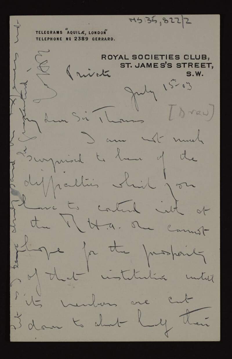 Letter from Sir Hugh Lane to Sir Thomas Drew regarding the winter exhibition of the Royal Hibernian Academy,
