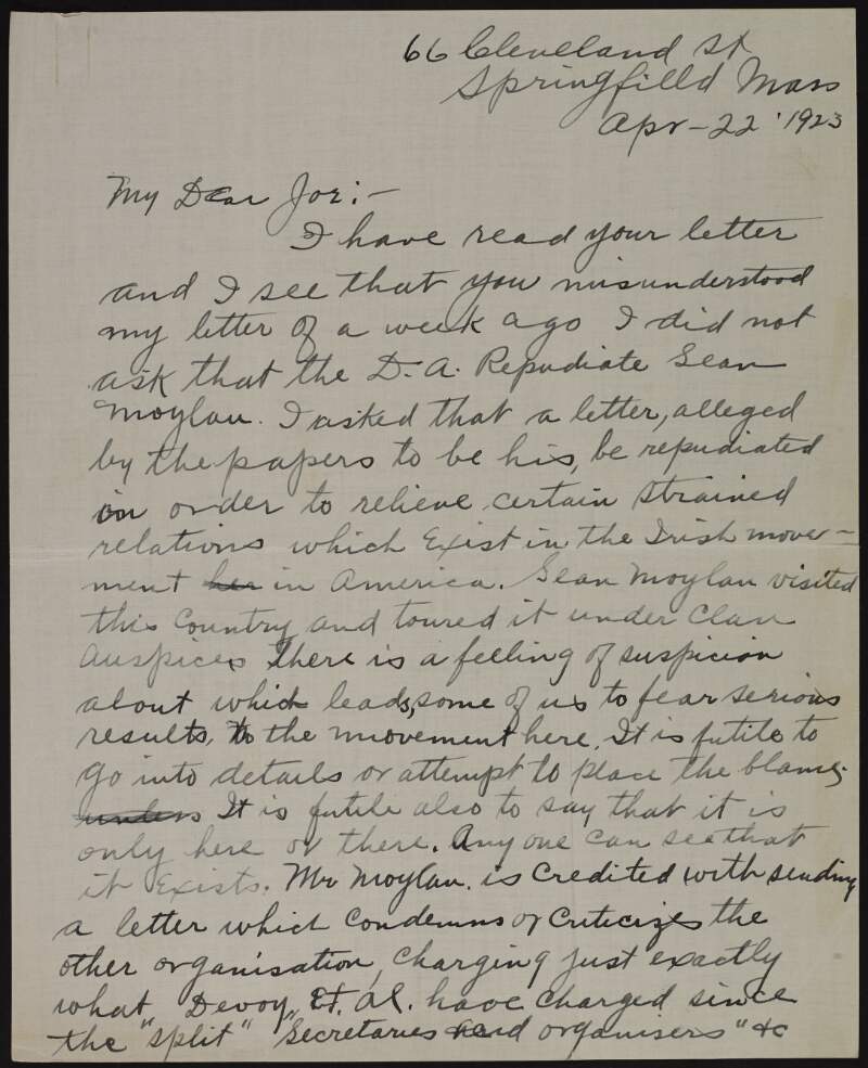 Letter from Pádraig Ó hÉigeartaigh to Joseph McGarrity regarding a letter written by Sean Moylan criticising the American Association for the Recognition of the Irish Republic and how the letter is causing tension between the AARIR and Clan-na-Gael,