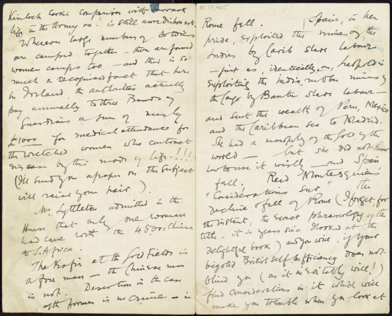 Fragment of letter from Roger Casement to unidentified recipient [Dick Morten?] about Chinese labour in the Transvaal, South Africa,