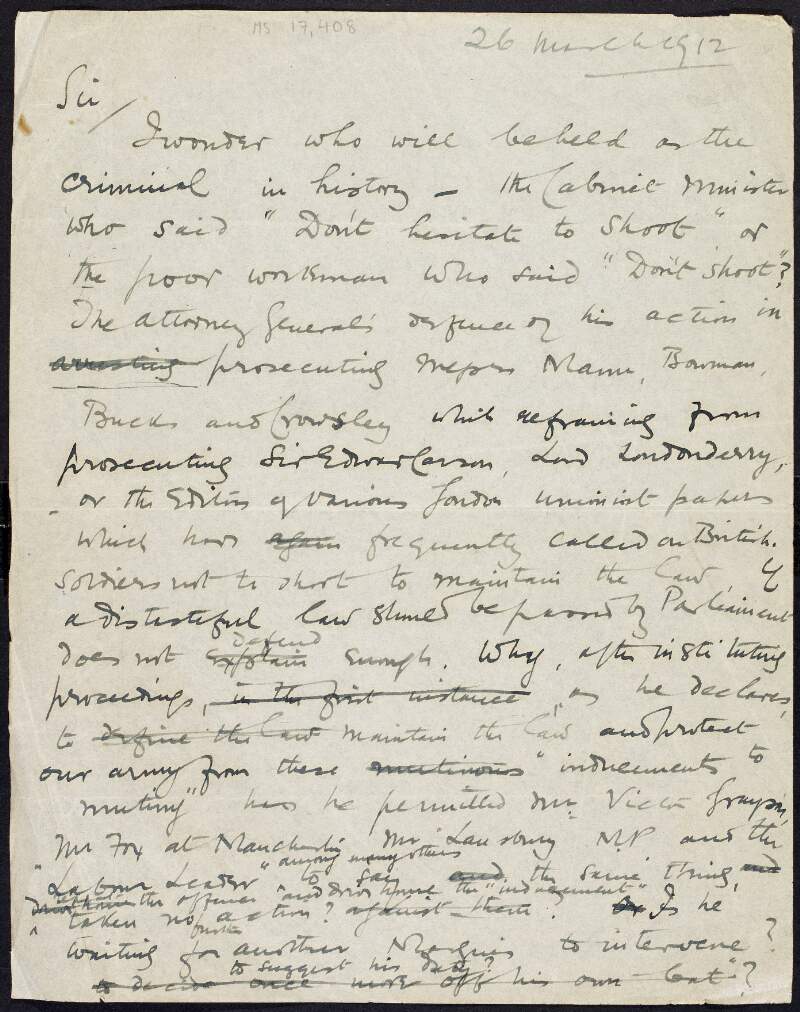 Draft letter from Roger Casement to the 'Daily News', regarding the prosecution of the editor and printers of 'The Syndicalist',