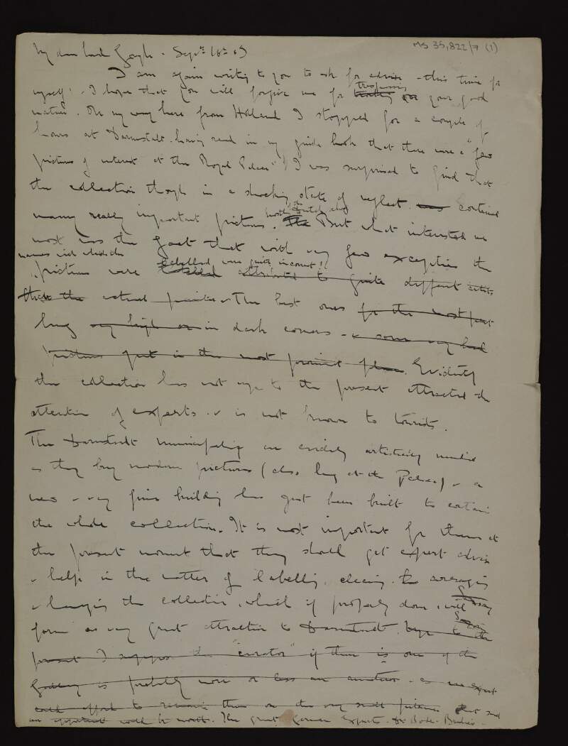 Incomplete draft of a letter from Sir Hugh Lane to Lord Gough regarding the art collection in the Royal Palace of Darmstadt, Germany,