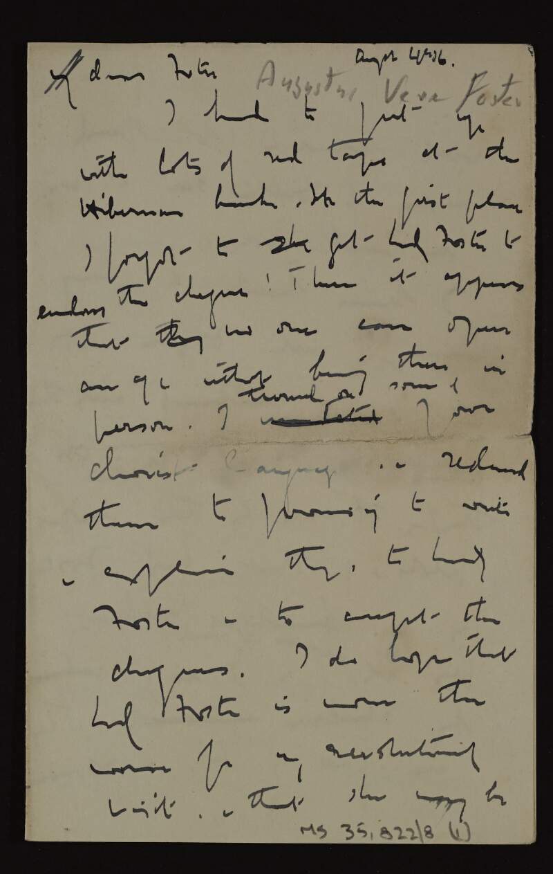 Draft letter from Sir Hugh Lane to Sir Augustus Vere Foster regarding a cheque from Lady Foster for the Royal Hibernian Academy,
