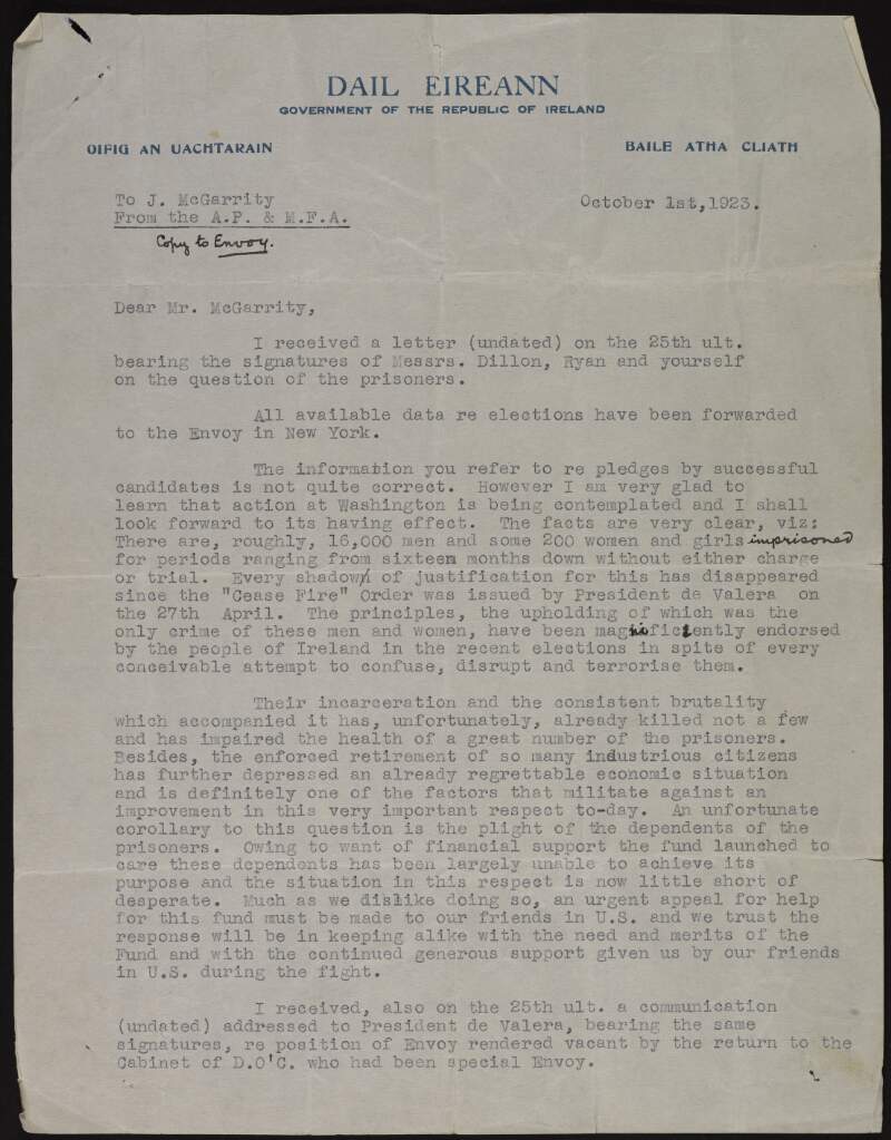 Letter from Pádraig O'Ruithleis [Patrick Joseph Ruttledge] to Joseph McGarrity regarding prisoners held without charge in Irish prisons, elections in New York, and the vacant position of envoy to the United States,