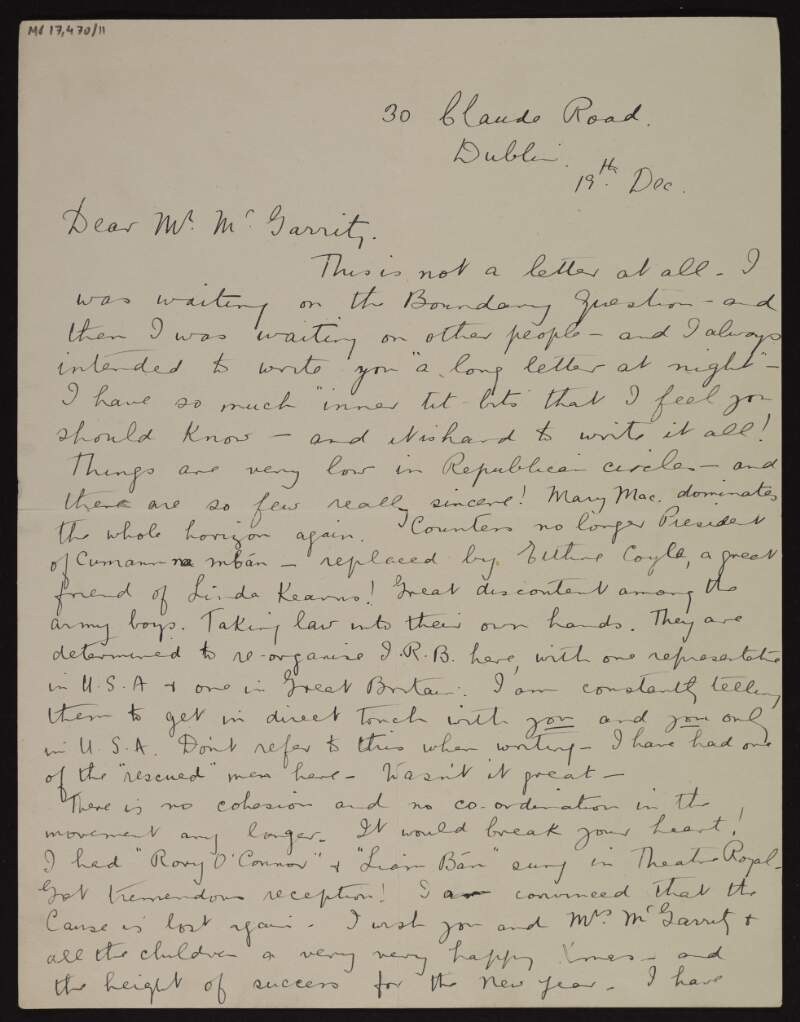 Letter from Katherine O'Doherty to Joseph McGarrity, complaining at the lack of cohesion and poor spirits in the Republican movement in Ireland, and about attempts to re-organise the IRB in Ireland,