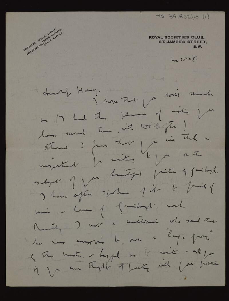 Letter from Sir Hugh Lane asking an unidentified recipient if a large portrait was for sale,