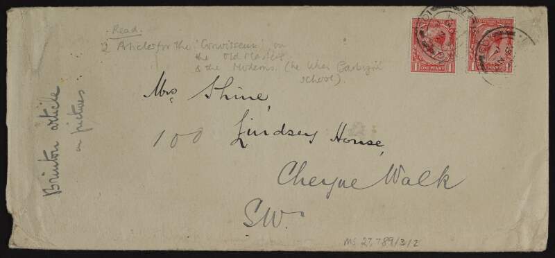 Typescript letter from Ernest E. Bird to Mrs Ruth Shine wishing to know if she approves of the updated version of the article 'The Late Sir Hugh Lane's Collection' by Selwyn Brinton,