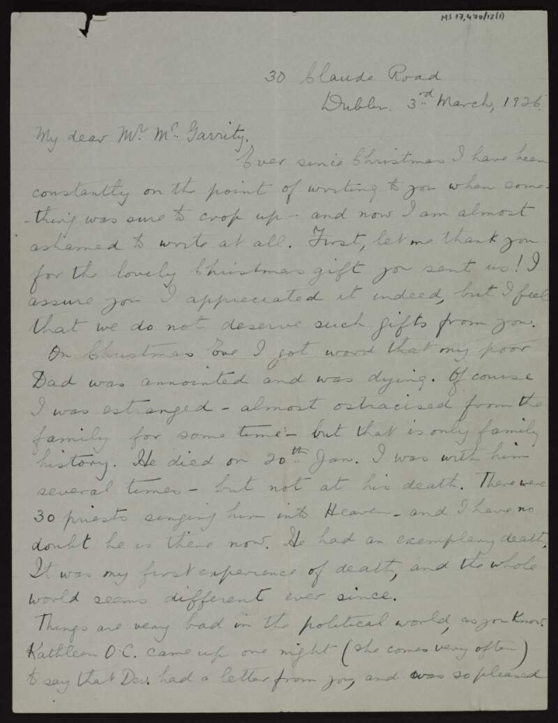 Letter from Katherine O'Doherty to Joseph McGarrity about the death of her father, the rival factions within the Republican movement in Ireland with Éamon de Valera in the middle, and the current state of Ireland,