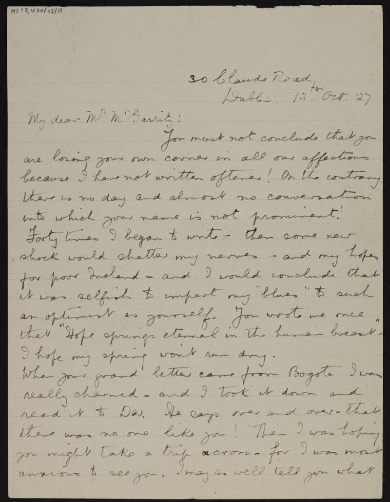 Letter from Katherine O'Doherty to Joseph McGarrity upon the entrance to the Dail by Fianna Fáil under Éamon de Valera, and the correspondence between John Devoy and Kevin O'Higgins prior to the latter's assassination,