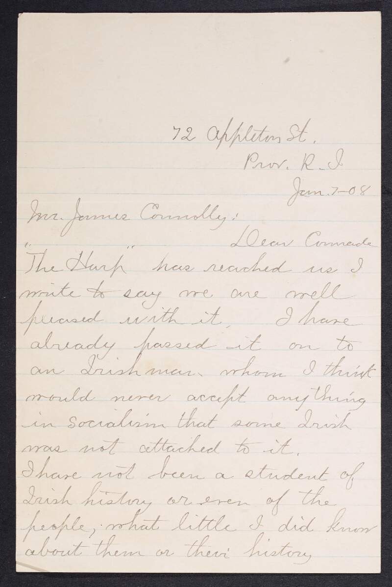 Letter from "N.R. Smith Murray", 72 Appleton St., Providence, Rhode Island, to James Connolly complementing 'The Harp' and enclosing subscriptions (not included) to the paper,
