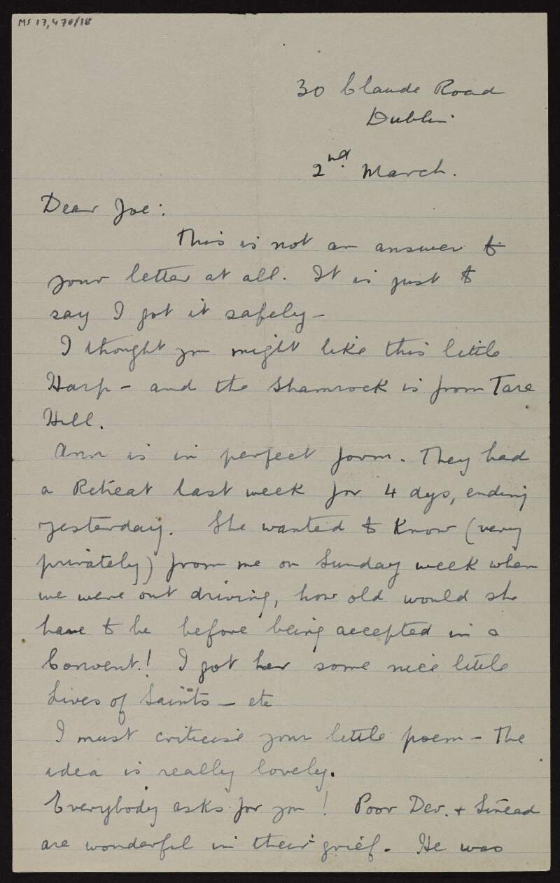 Letter from Katherine O'Doherty to Joseph McGarrity about how well "Ann" was doing and a recent retreat they were on, praising his "lovely" poem, and about a recent funeral where a wreath was laid on Joseph McGarrity's behalf,