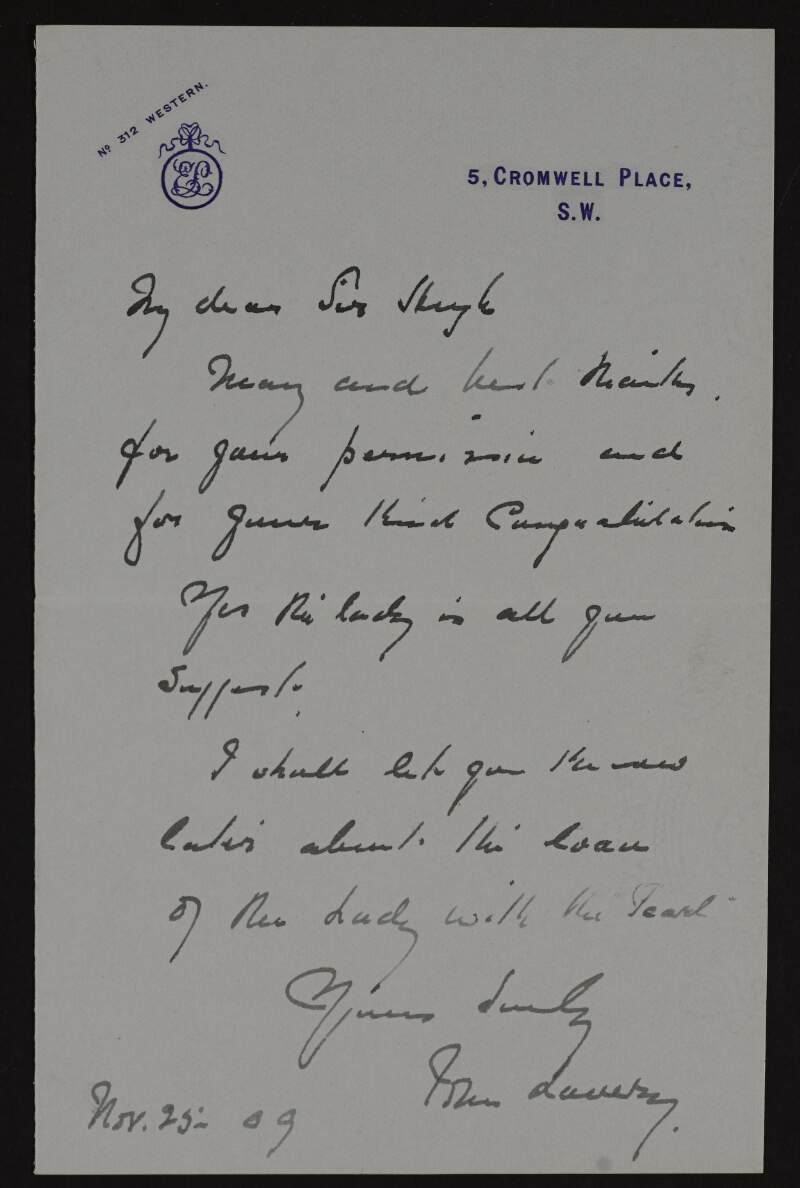 Letter from John Lavery to Hugh Lane thanking him for his permission to loan a painting, 'The Lady with the Pearls', for an exhibition in Venice,