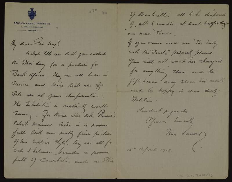 Letter from John Lavery to Hugh Lane describing the exhibition in Venice at which his painting 'The Lady with the Pearls' is on show alongside work by Auguste Renoir and Gustave Courbet,