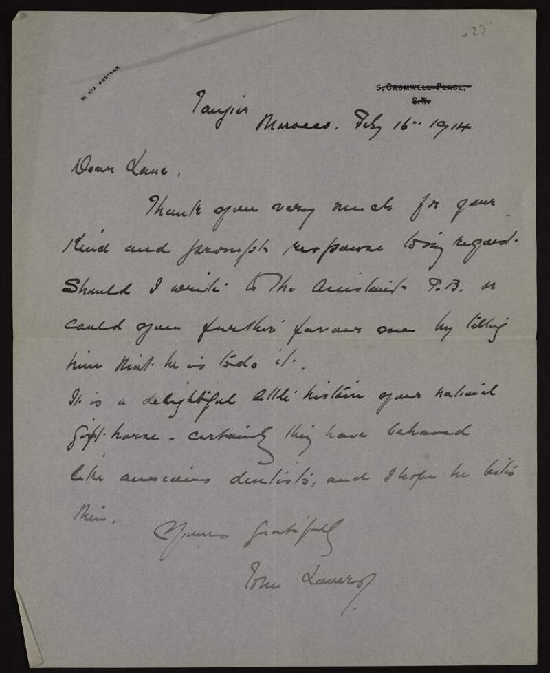 Letter from John Lavery to Hugh Lane thanking him for his permission to loan two paintings for an exhibition and commenting on Lane's "national gift horse" which he hopes will bite,