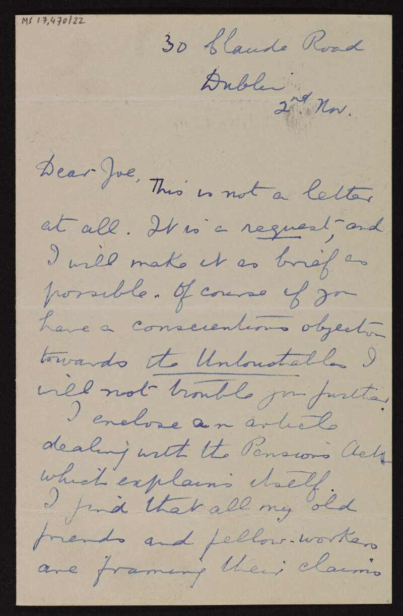 Letter from Katherine O'Doherty to Joseph McGarrity about the Cumann na mBan pensions she and her friends are applying for, and asking him to write to Frank Aiken about it,