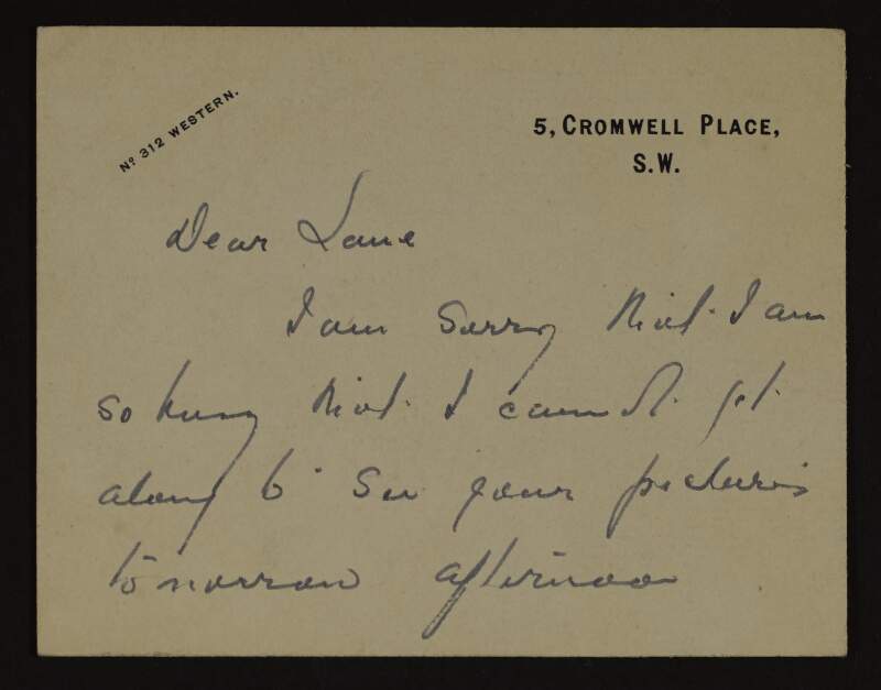 Note from John Lavery to Hugh Lane apologising for not being able to go to see Lane's pictures,